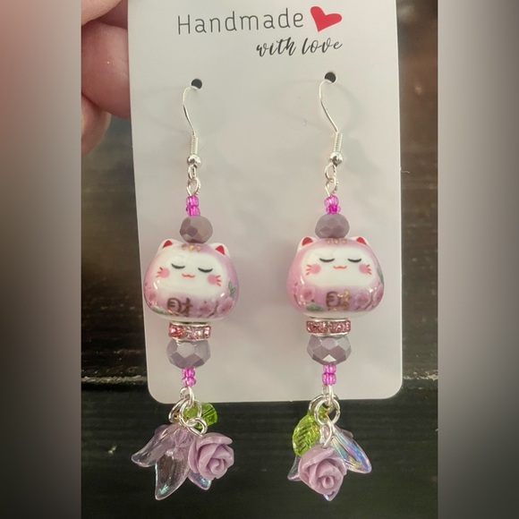 Hand Crafted Jewelry - Lavender Lucky Cat Earrings with Floral Accents